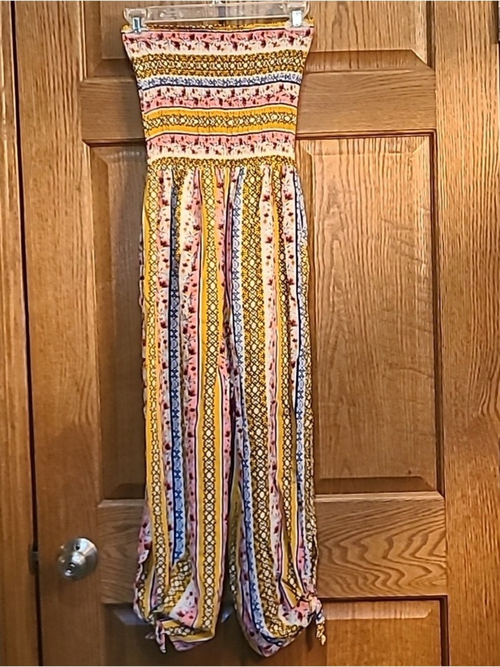 Striped Floral Strapless Jumpsuit Dress in Yellow and Pink